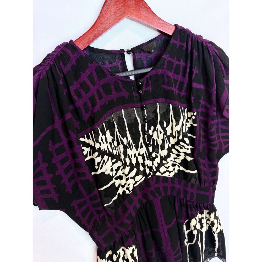 Anna Sui Vintage Designer Silk Wool Top 6 Purple Black Cream Whimsigoth Blouse